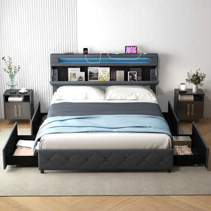 Goflame Queen/Full Size Bed Frame with Storage Headboard and 4 Drawers, Modern Upholstered Platform Bed with Charging Station