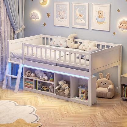 Goflame Low Loft Bed Twin Size with LED Lights