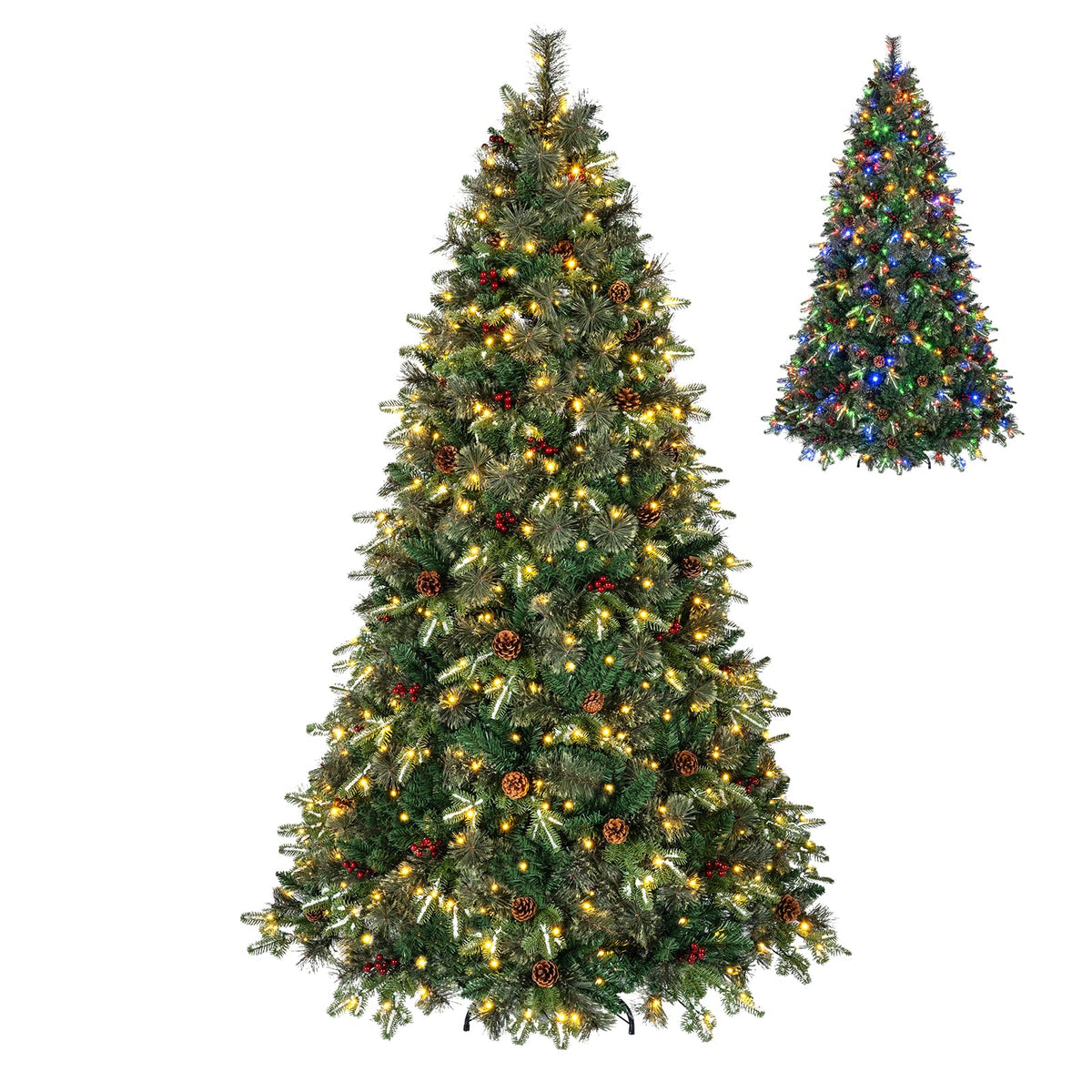 GOFLAME 6ft/7ft Pre-lit Christmas Tree with Pine Cones and Red Berries Artificial Holiday Decoration Tree