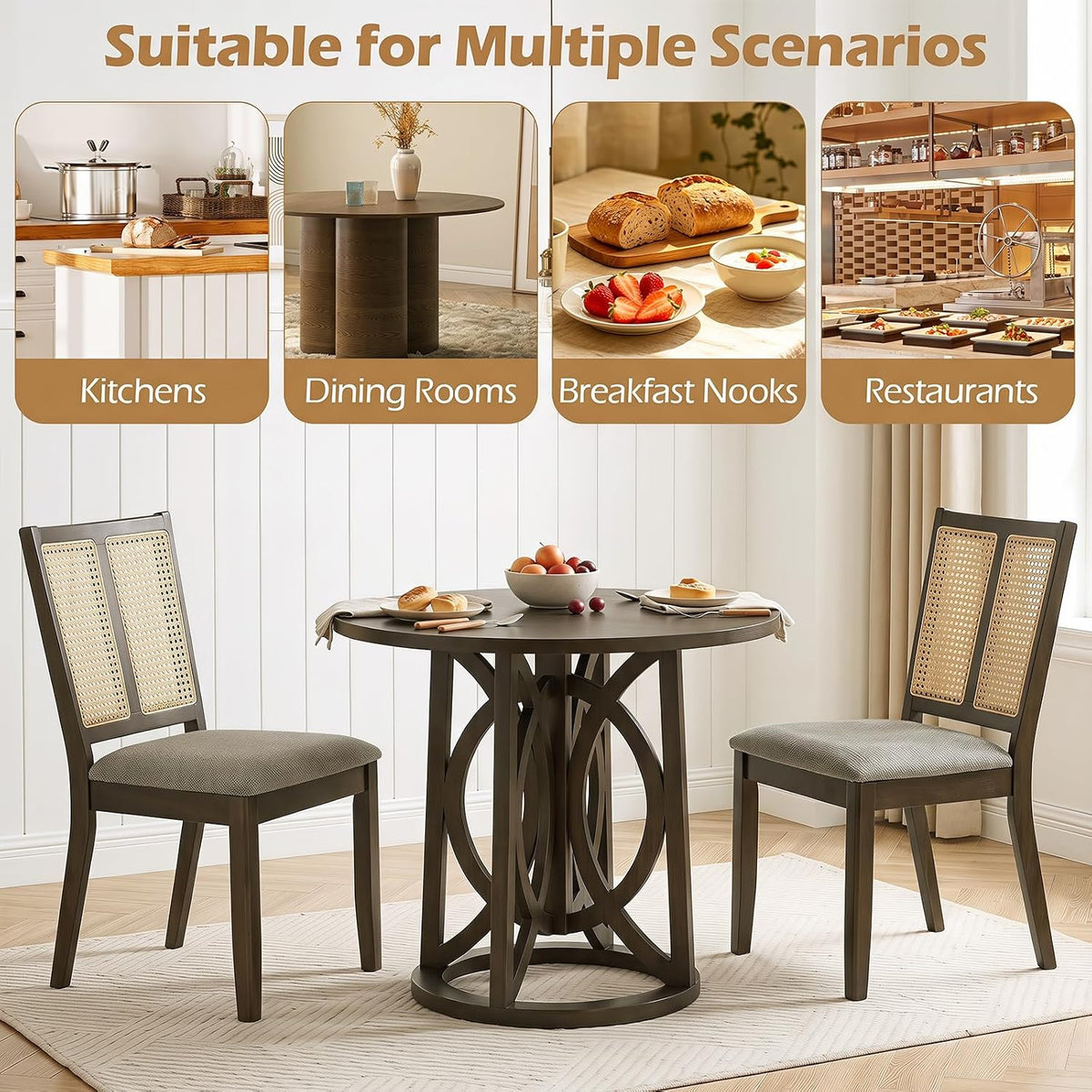 Goflame Rattan Dining Chairs Farmhouse Upholstered Kitchen Chairs | Boho Dining Room Chair w/Curved Backrest & Padded Seat