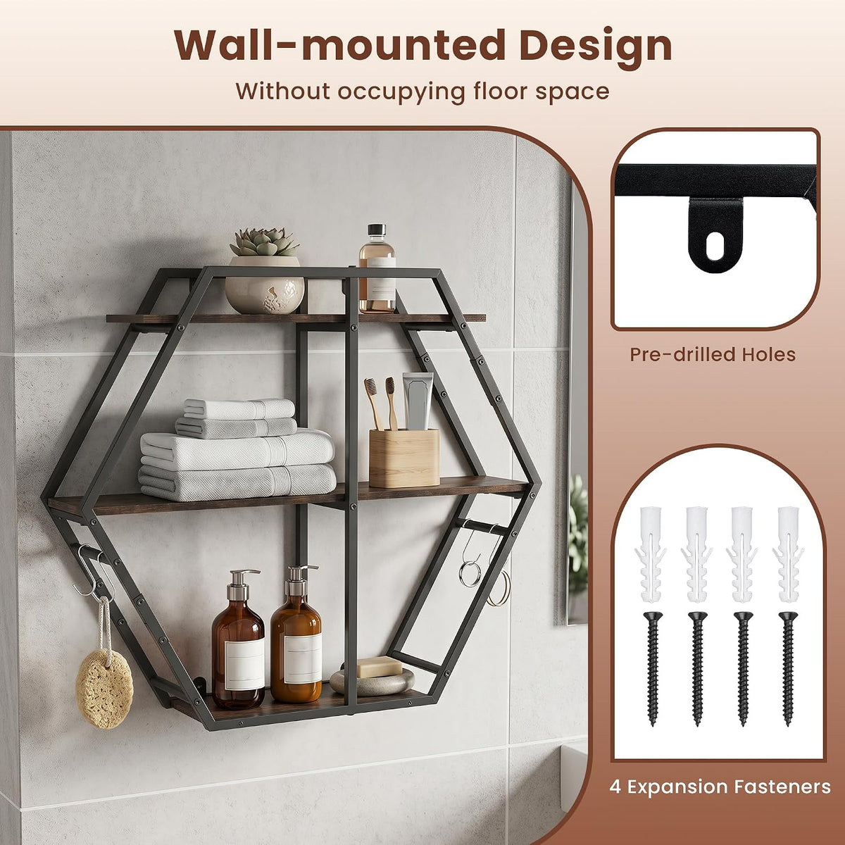 Goflame Industrial Hexagon Wall Shelf with 3-Tier Storage Shelves & 4 Hooks | Decorative Wall Display Rack Unit with Metal Frame