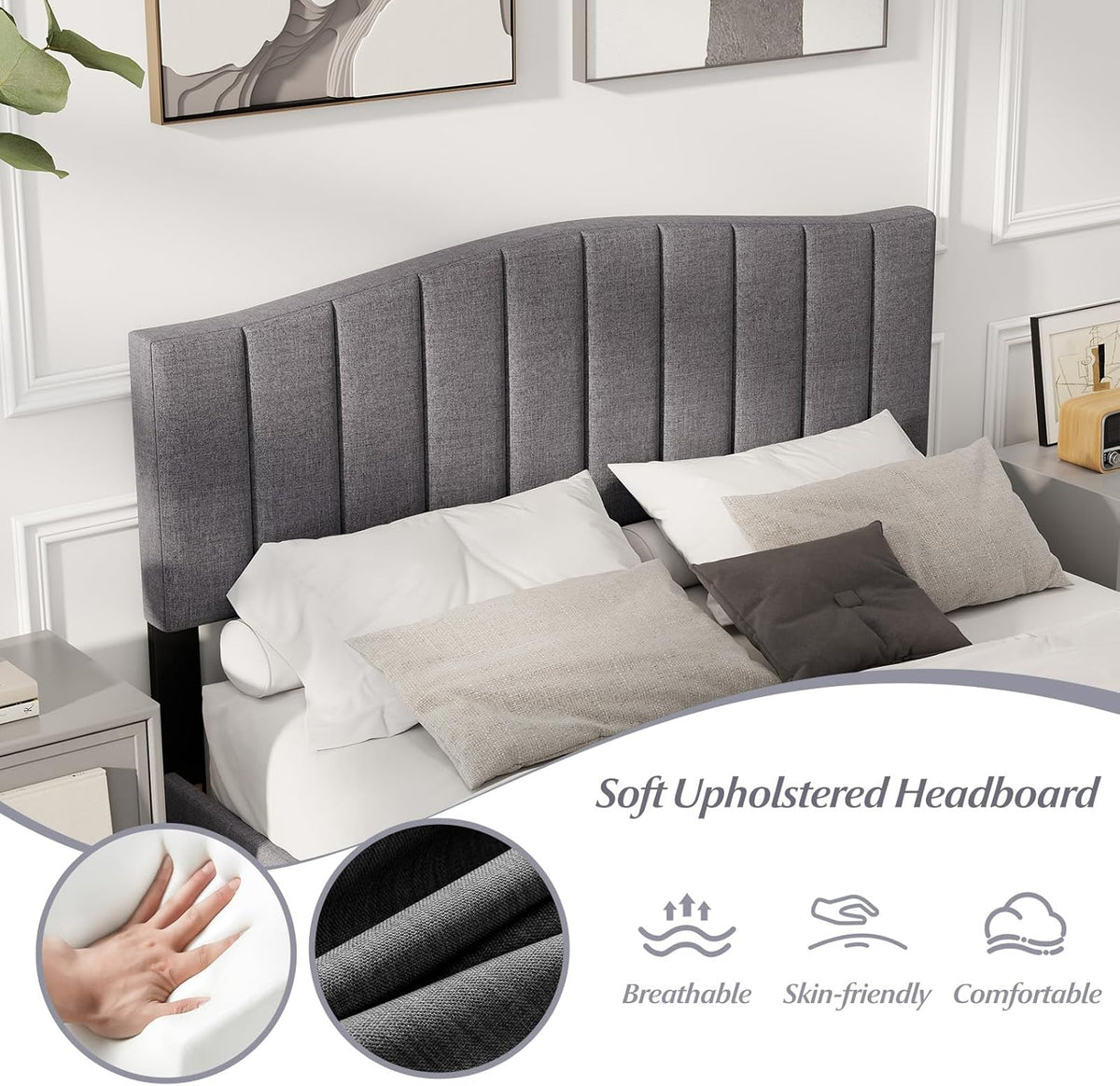 Goflame Queen Bed Framewith Adjustable Arch Tufted Headboard Mattress Foundation