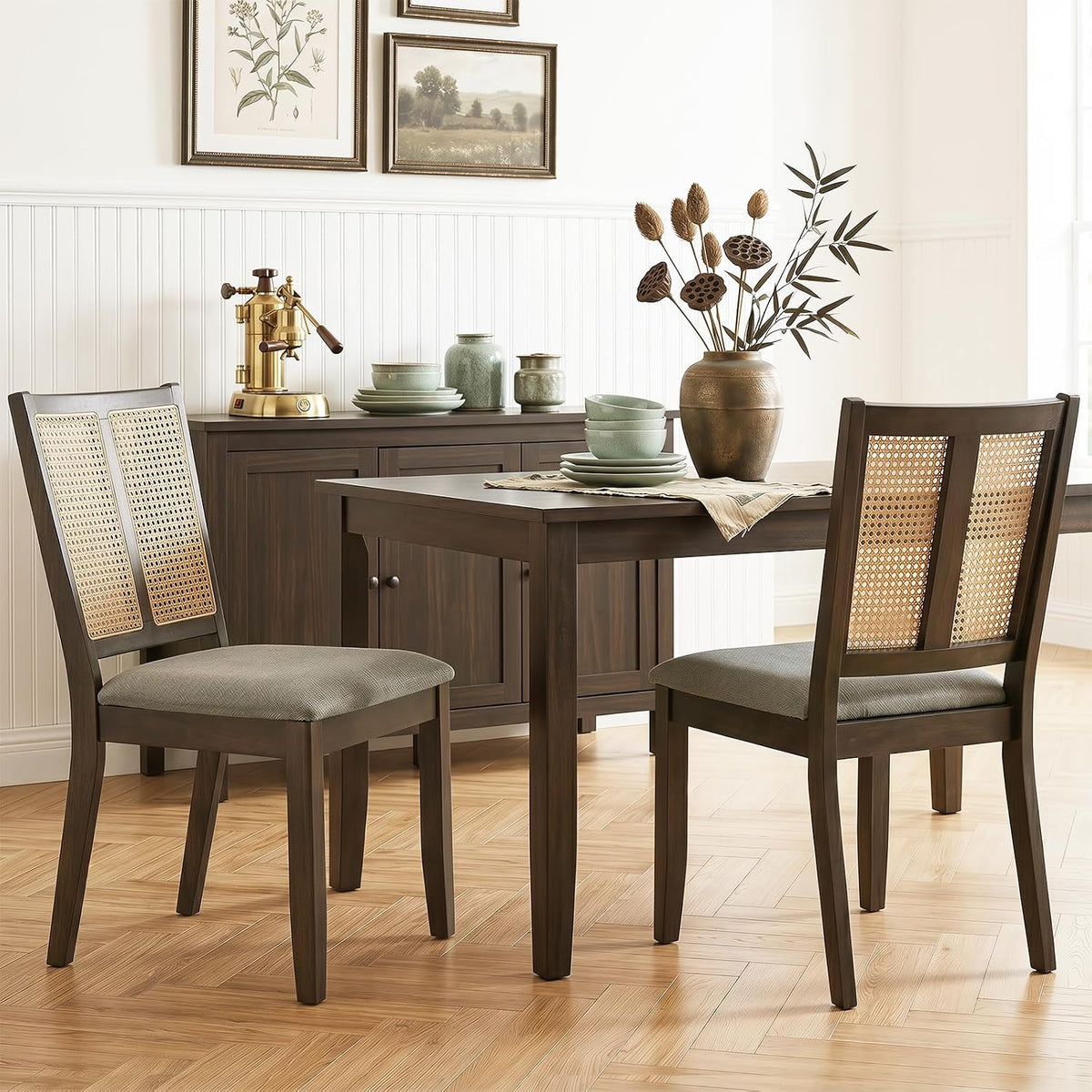 Goflame Rattan Dining Chairs Farmhouse Upholstered Kitchen Chairs | Boho Dining Room Chair w/Curved Backrest & Padded Seat
