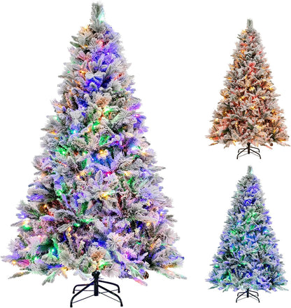 Goflame Pre-Lit Snow Flocked Christmas Tree, Artificial Hinged Xmas Tree with 160 Multi-Color LED Lights