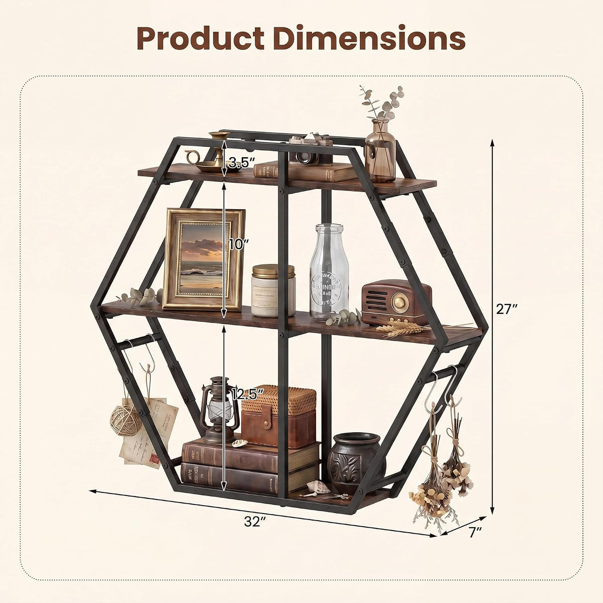 Goflame Industrial Hexagon Wall Shelf with 3-Tier Storage Shelves & 4 Hooks | Decorative Wall Display Rack Unit with Metal Frame