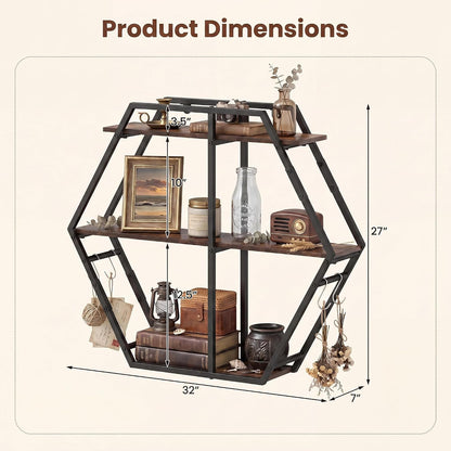 Goflame Industrial Hexagon Wall Shelf with 3-Tier Storage Shelves & 4 Hooks | Decorative Wall Display Rack Unit with Metal Frame