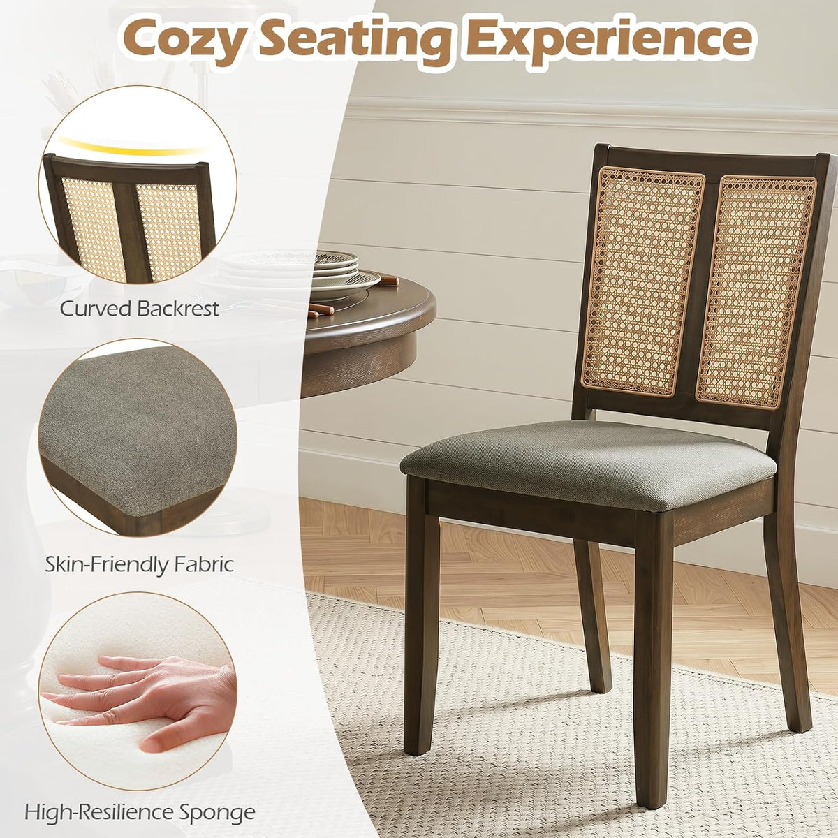 Goflame Rattan Dining Chairs Farmhouse Upholstered Kitchen Chairs | Boho Dining Room Chair w/Curved Backrest & Padded Seat