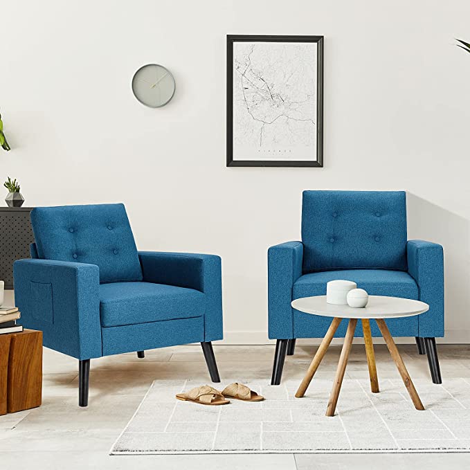 Linen Fabric Armchairs with Side Pockets and Wood Legs, Set of 2 - Goflame