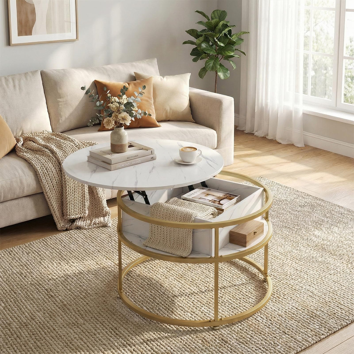 Goflame 31.5" Round Lift Top Coffee Table with Storage and Hidden Compartment