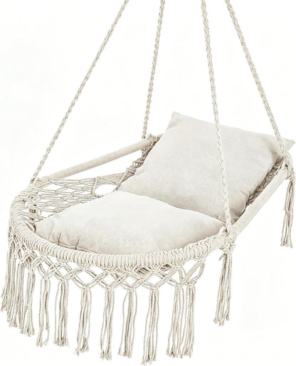 Goflame Macrame Hammock Chair w/Removable Cushions & Sturdy Metal Ring