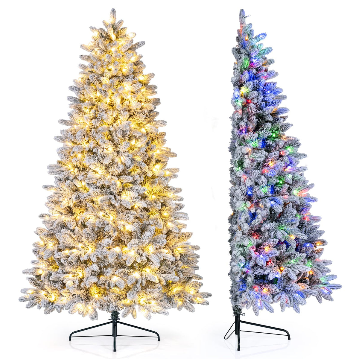 GOFLAME 6FT/7FT Pre-lit Half Christmas Tree | Snow Flocked Artificial Xmas Tree
