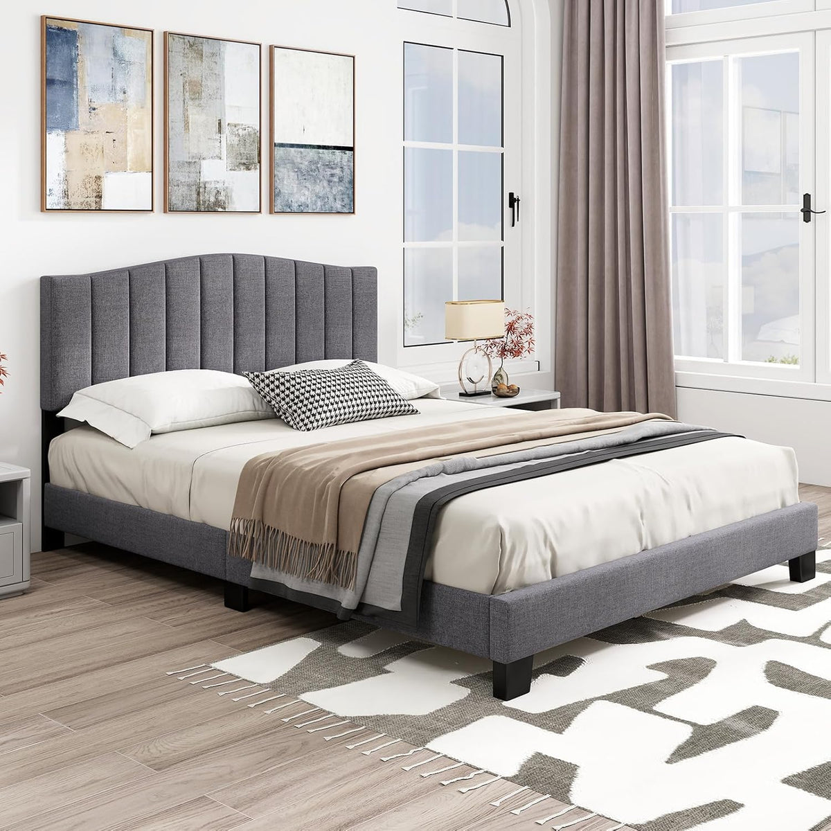 Goflame Queen Bed Framewith Adjustable Arch Tufted Headboard Mattress Foundation