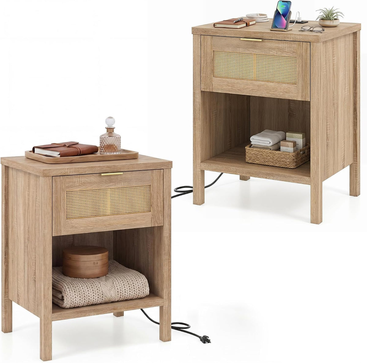 Goflame Rattan Night Stand with Drawer and Open Shelf (1/2)