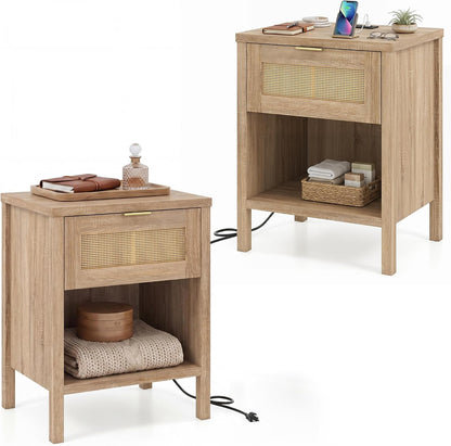 Goflame Rattan Night Stand with Drawer and Open Shelf (1/2)