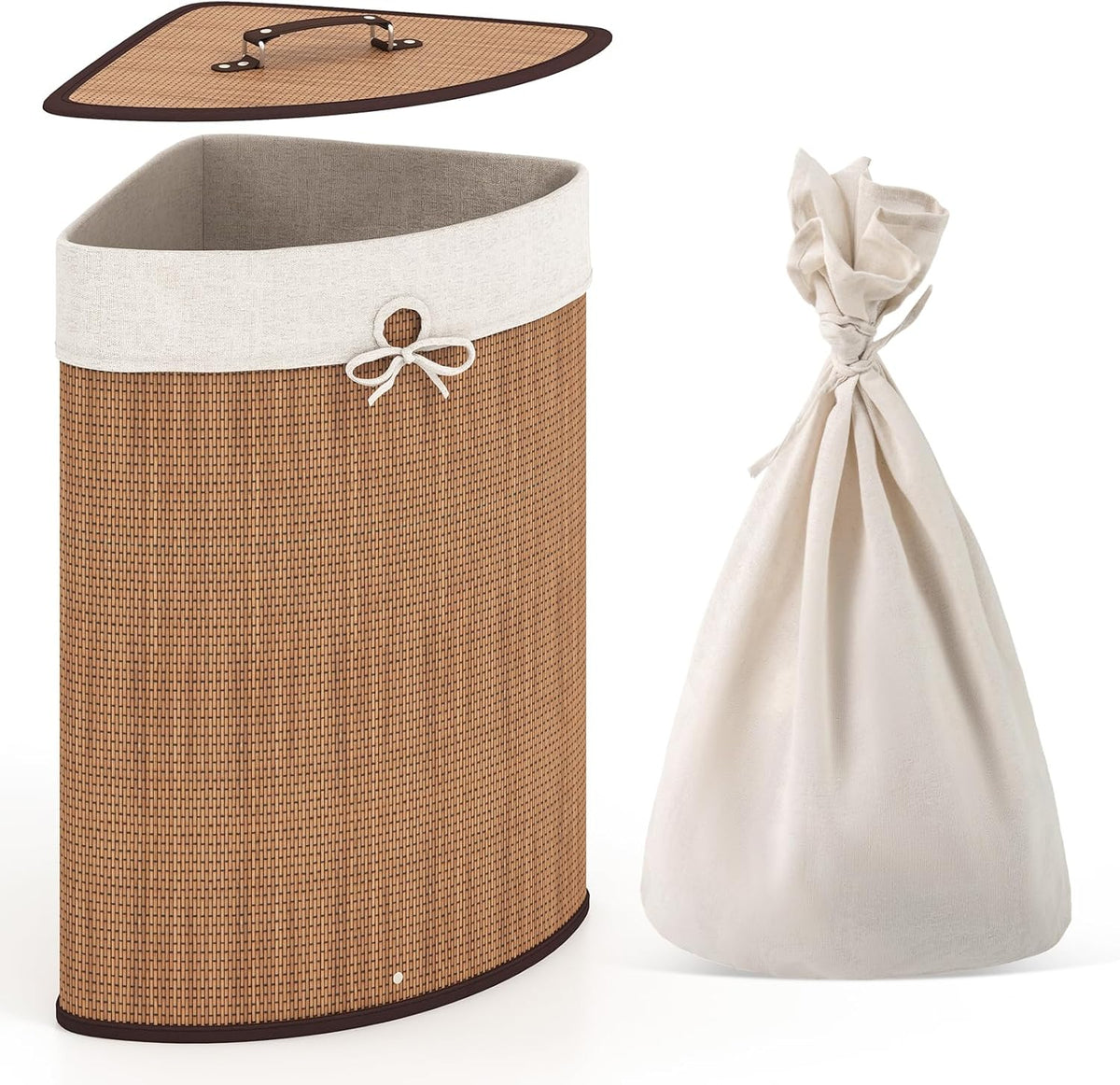 Goflame Corner Laundry Hamper with Lid, Bamboo Laundry Basket with Removable Liner and Handle