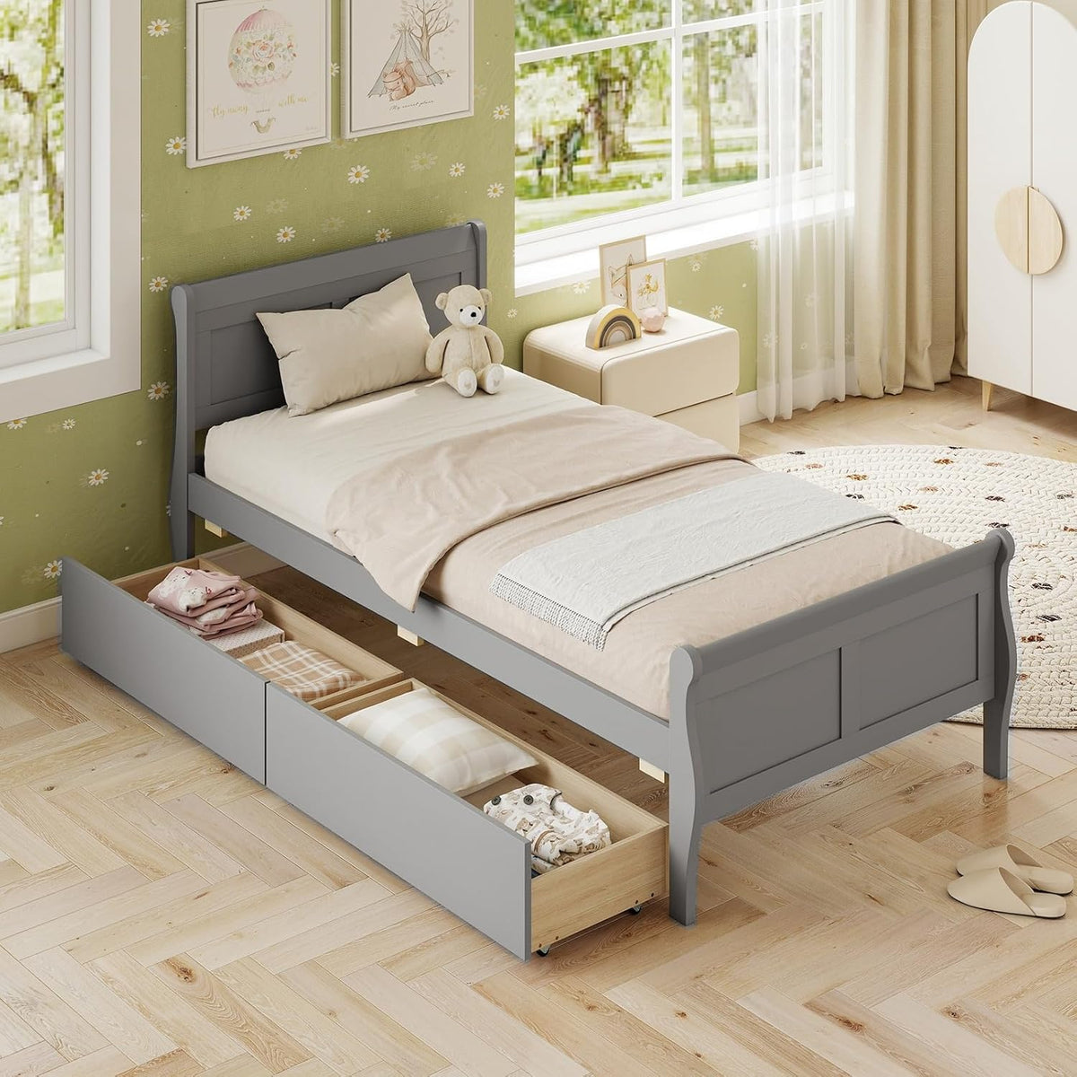 Goflame Twin/ Full/ Queen Bed with 2 Storage Drawers Wood Platform Bed with Headboard & Footboard