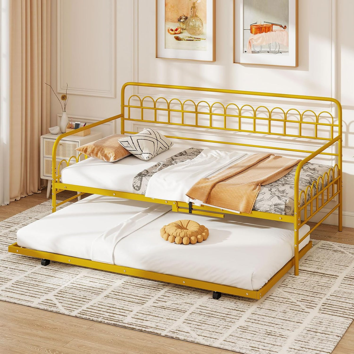Goflame Twin Daybed with Trundle with Heavy-Duty Metal Slats