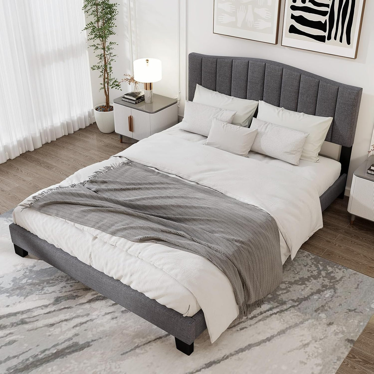 Goflame Queen Bed Framewith Adjustable Arch Tufted Headboard Mattress Foundation