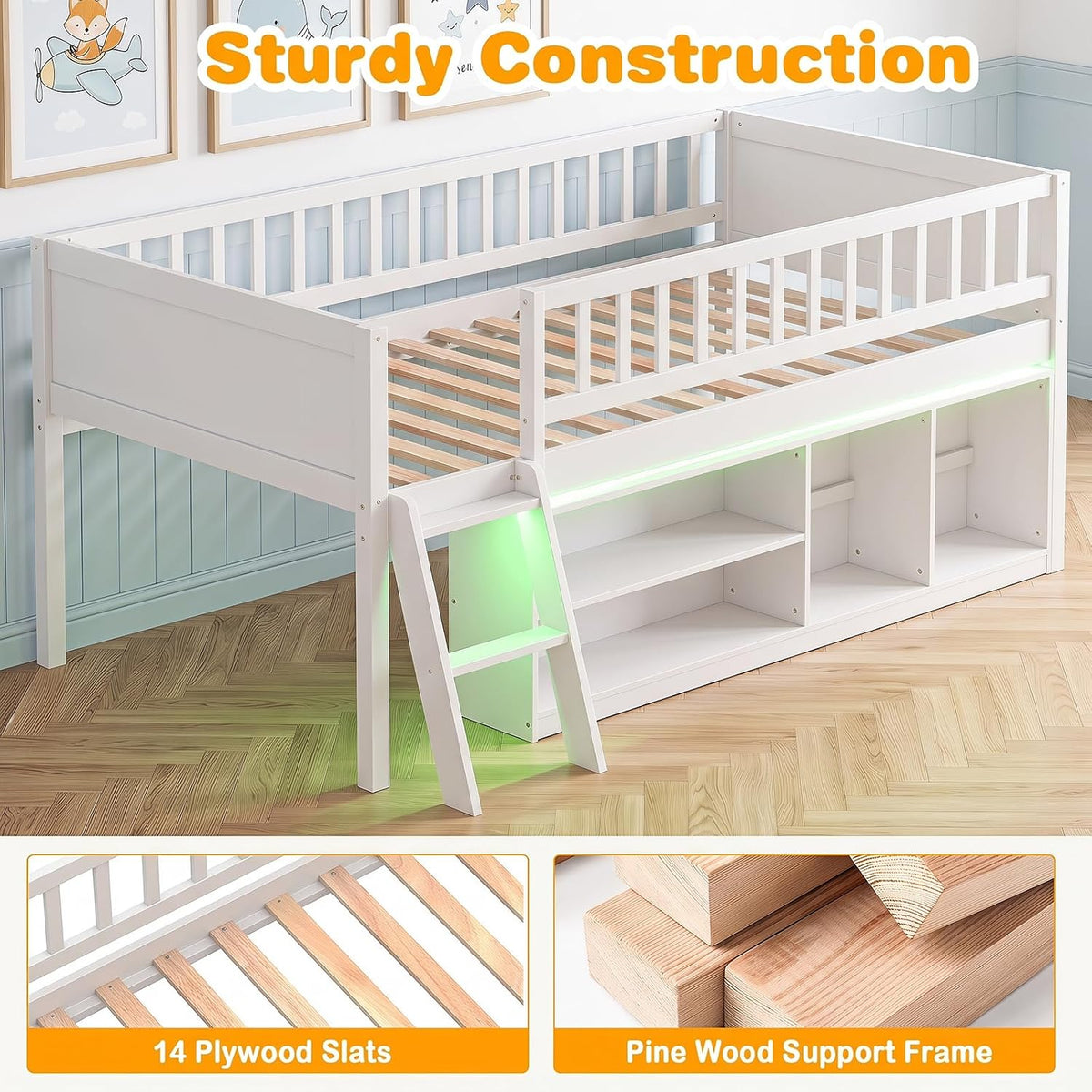 Goflame Low Loft Bed Twin Size with LED Lights