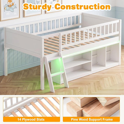Goflame Low Loft Bed Twin Size with LED Lights