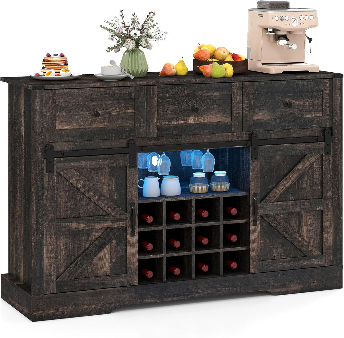 Goflame Wine Bar Cabinet with LED Lights 52" Buffet Sideboard w/Sliding Barn Door 3 Drawer