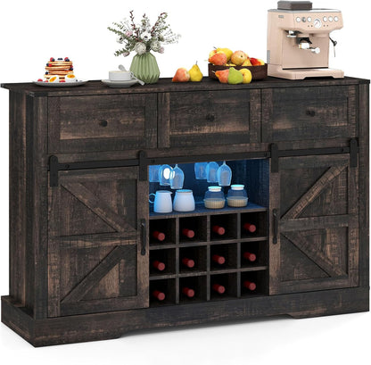 Goflame Wine Bar Cabinet with LED Lights 52" Buffet Sideboard w/Sliding Barn Door 3 Drawer