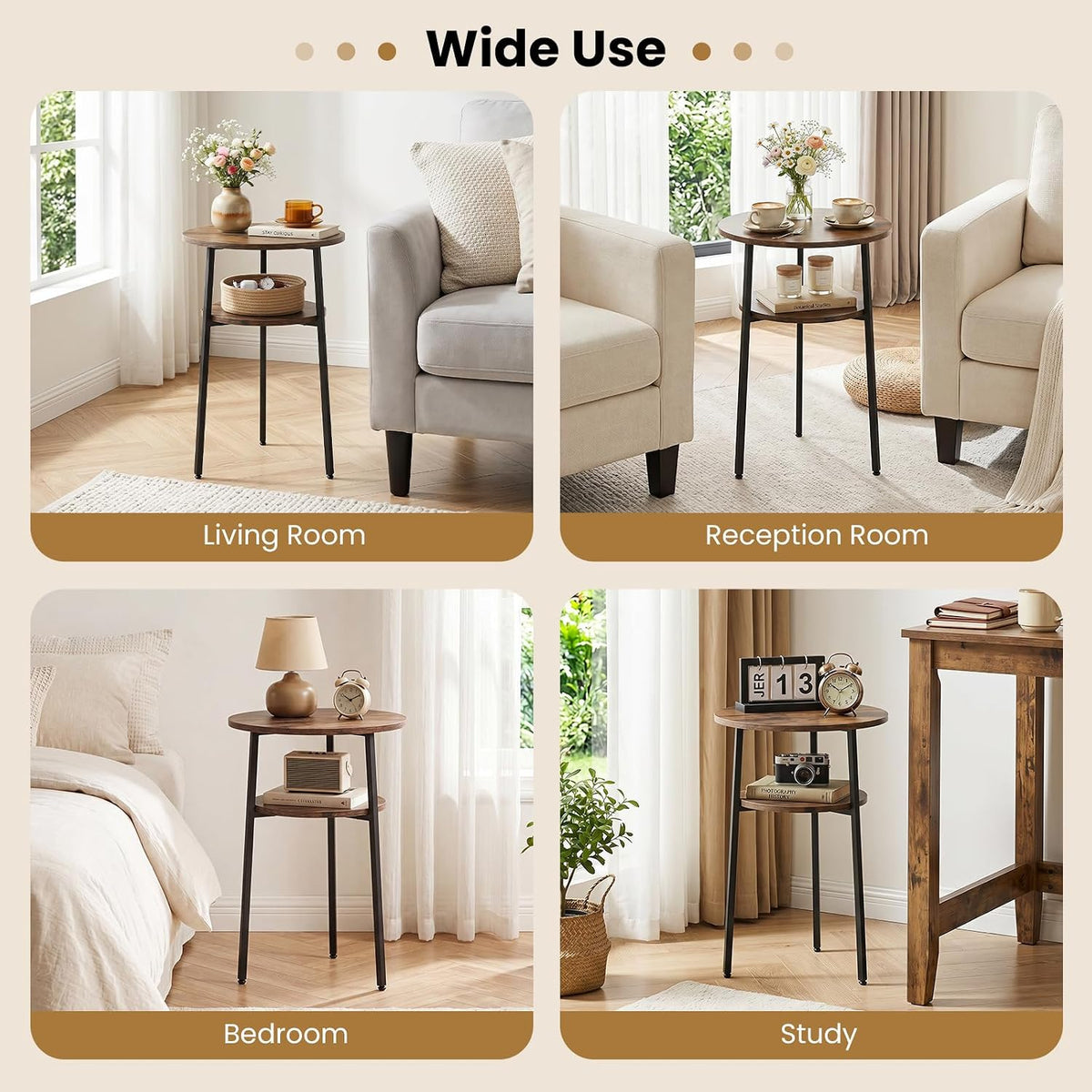 Goflame Round Side Table, 2-Tier End Table w/Metal Frame | Accent Nightstand Bedside Table w/ Storage Shelf for Small Space Sofa Couch Side