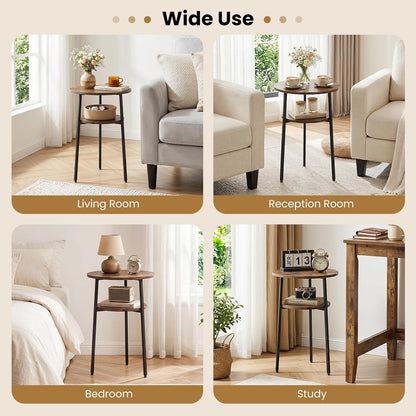 Goflame Round Side Table, 2-Tier End Table w/Metal Frame | Accent Nightstand Bedside Table w/ Storage Shelf for Small Space Sofa Couch Side