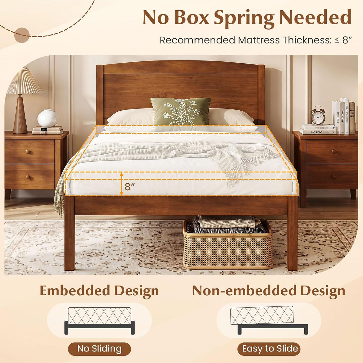 Goflame Wooden Bed Frame with Curved Headboard, Wood Slat Support | Farmhouse Platform Bed w/Heavy Duty Mattress Foundation