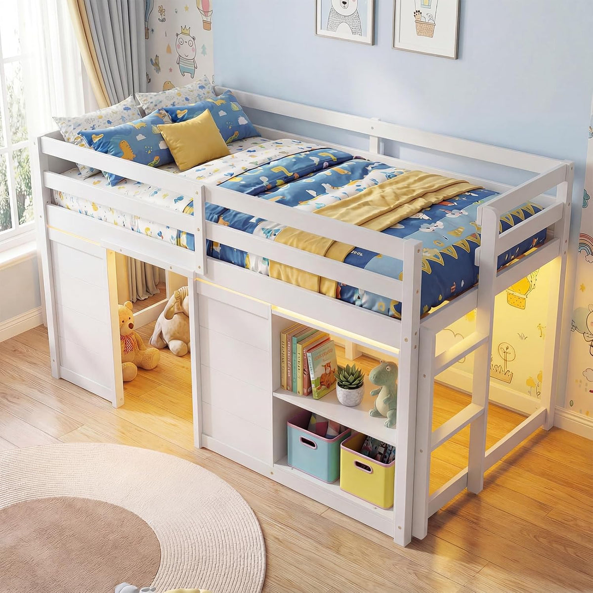 Goflame Wooden Low Kids Loft Bed with LED Lights and 2 Doors