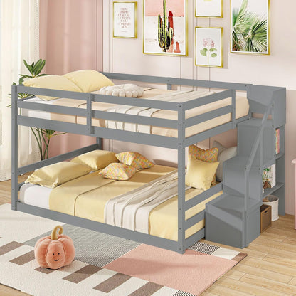 Goflame Bunk Bed with Stairs, Solid Wood Floor Bunk Bed with Storage Staircase & Full-Length Guardrails
