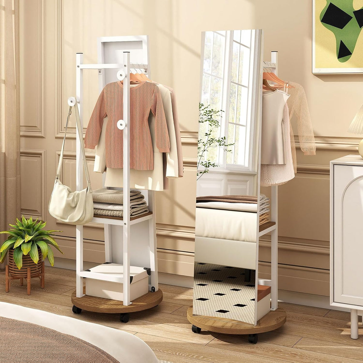 GOFLAME Full Length Mirror with Coat Rack & Storage Hanger
