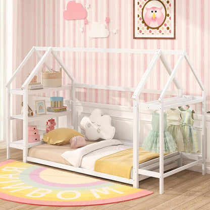 Goflame Twin Floor Bed, Wood Montessori Floor Bed with Detachable 3 Tier Storage Bookshelf & Clothes Rack