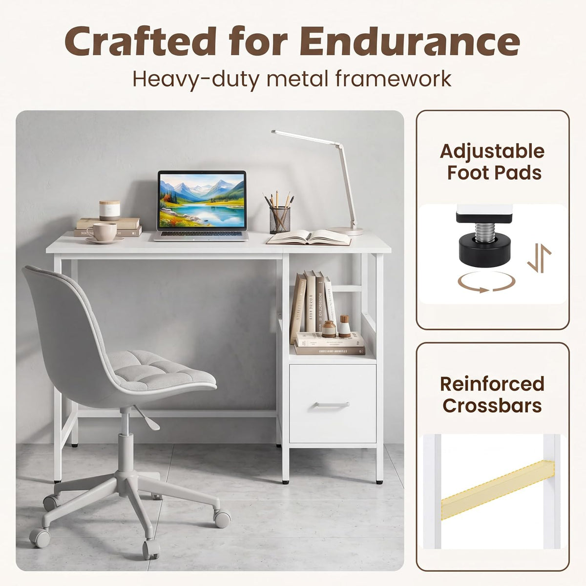 Goflame White Computer Desk, Writing Desk w/Open Shelf and Storage Drawer