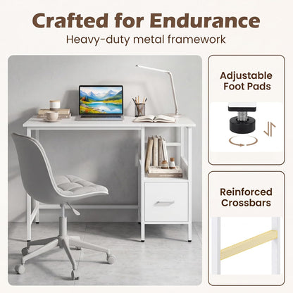 Goflame White Computer Desk, Writing Desk w/Open Shelf and Storage Drawer