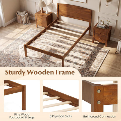 Goflame Wooden Bed Frame with Curved Headboard, Wood Slat Support | Farmhouse Platform Bed w/Heavy Duty Mattress Foundation