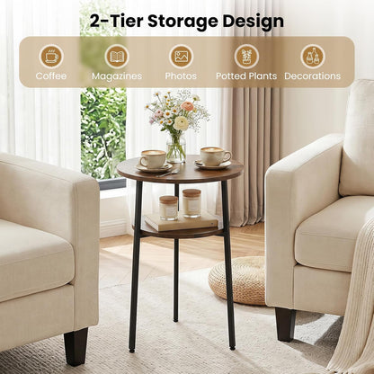 Goflame Round Side Table, 2-Tier End Table w/Metal Frame | Accent Nightstand Bedside Table w/ Storage Shelf for Small Space Sofa Couch Side