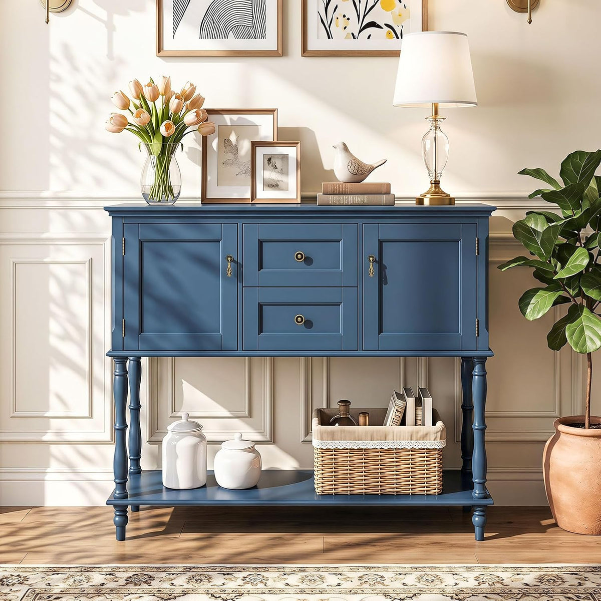Goflame Console Table with 2 Drawers & 2 Door Cabinets | Narrow Sofa Stand Behind Couch Table with Open Storage Shelf for Living Room
