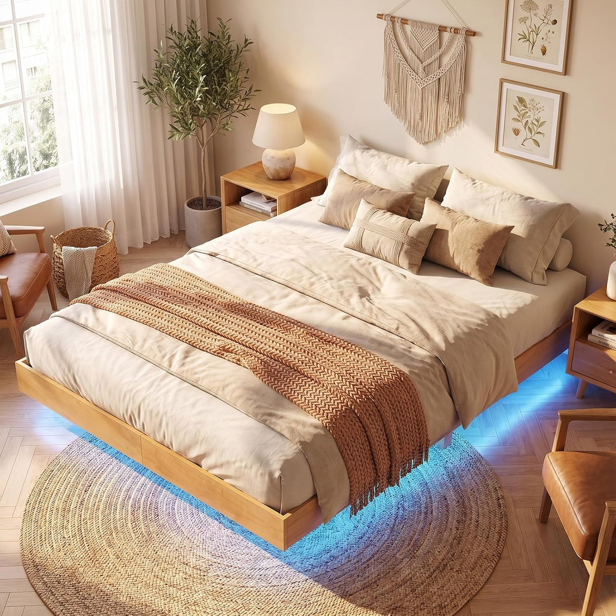 Goflame Wood Floating Bed Frame Queen Size with Smart LED Light, Natural | Modern Platform Bed w/Heavy Duty Mattress Foundation