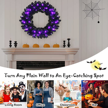 24' Black Halloween Wreath, Pre-lit Artificial Christmas Wreath - GoflameUS