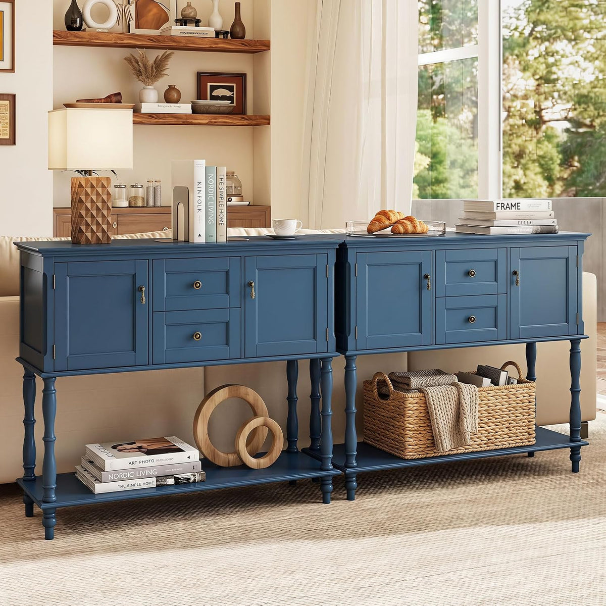 Goflame Console Table with 2 Drawers & 2 Door Cabinets | Narrow Sofa Stand Behind Couch Table with Open Storage Shelf for Living Room