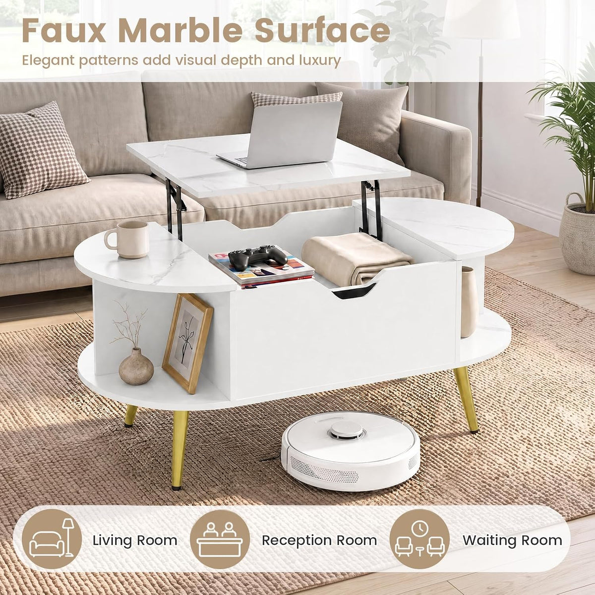 Goflame Lift Top Coffee Table with Storage, 39.5" Faux Marble Center Table
