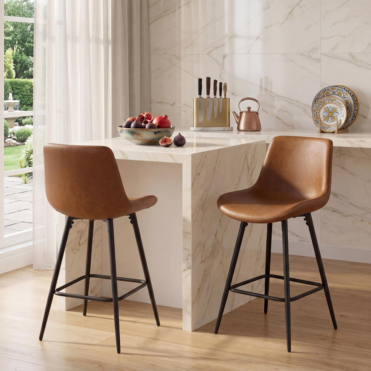 Goflame 24 Inch Faux Leather Upholstered Bar Stools Set of 2 | Counter Height Barstool with Backs & Footrests