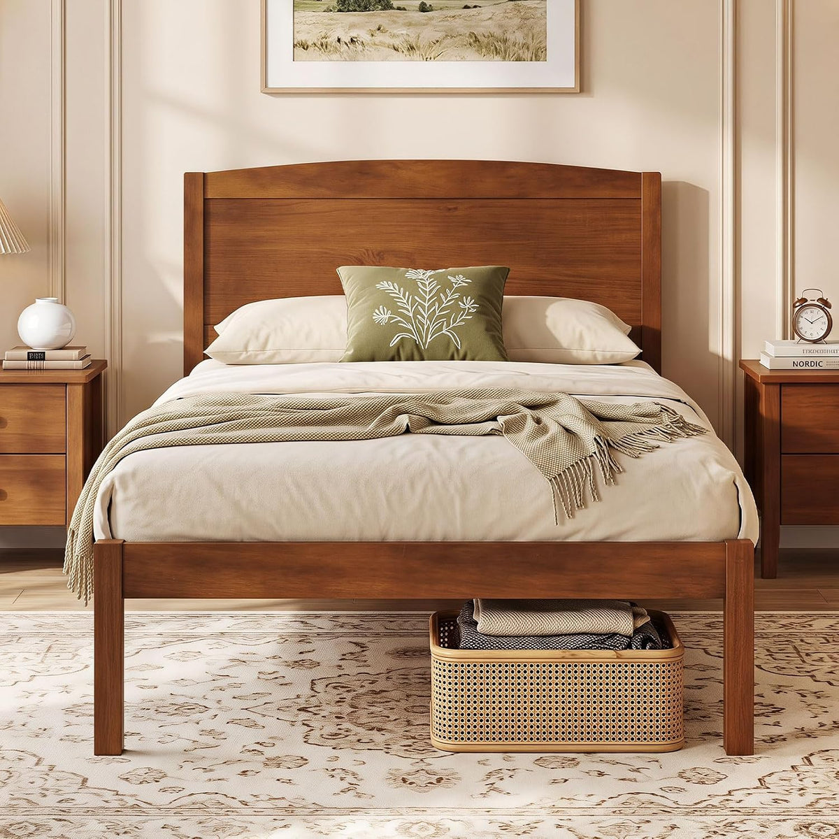 Goflame Wooden Bed Frame with Curved Headboard, Wood Slat Support | Farmhouse Platform Bed w/Heavy Duty Mattress Foundation