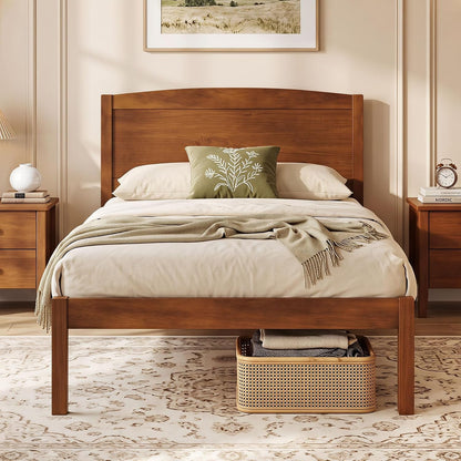 Goflame Wooden Bed Frame with Curved Headboard, Wood Slat Support | Farmhouse Platform Bed w/Heavy Duty Mattress Foundation