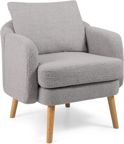 Goflame Sherpa Accent Chair, Modern Upholstered Single Sofa Chair with Back Pillow & Solid Rubber Wood Legs