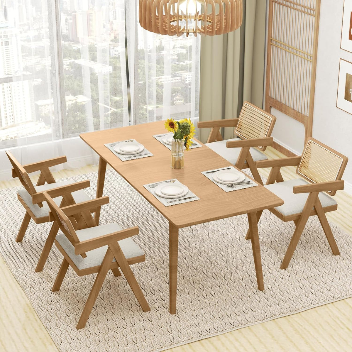 Goflame Rattan Dining Chairs, Leathaire Kitchen Chairs w/Armrests & Padded Cushion