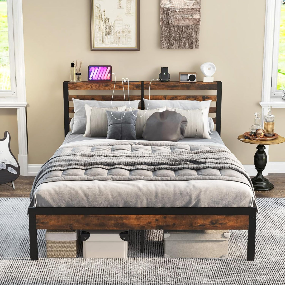 Goflame Queen Metal Platform Bed Frame with Wooden Headboard & Footboard, Rustic Brown