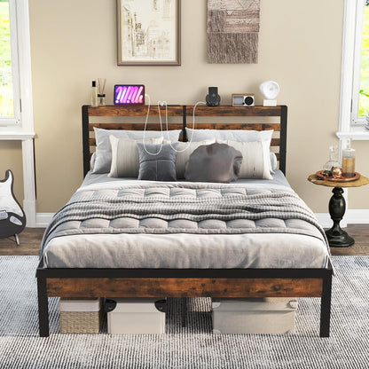 Goflame Queen Metal Platform Bed Frame with Wooden Headboard & Footboard, Rustic Brown