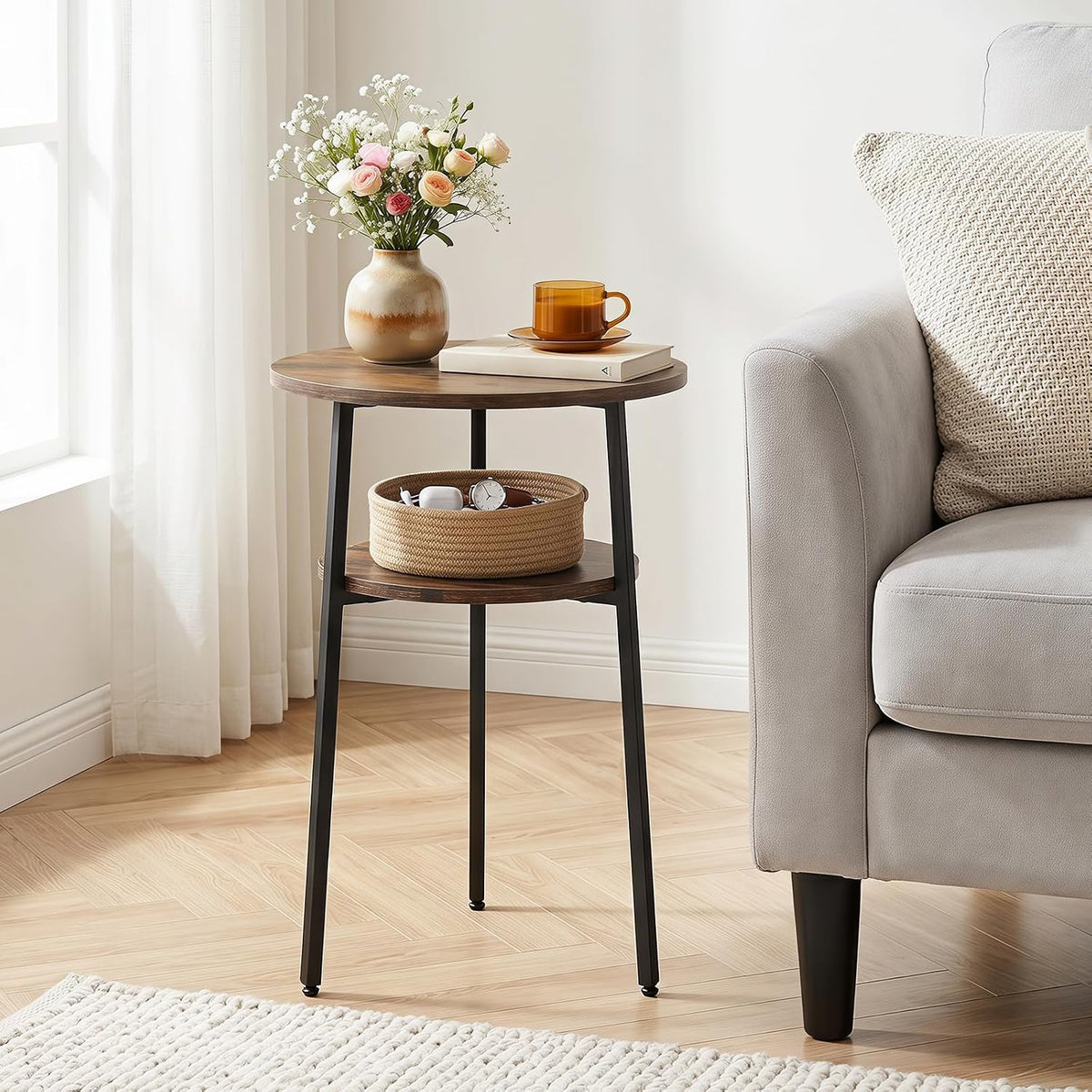 Goflame Round Side Table, 2-Tier End Table w/Metal Frame | Accent Nightstand Bedside Table w/ Storage Shelf for Small Space Sofa Couch Side